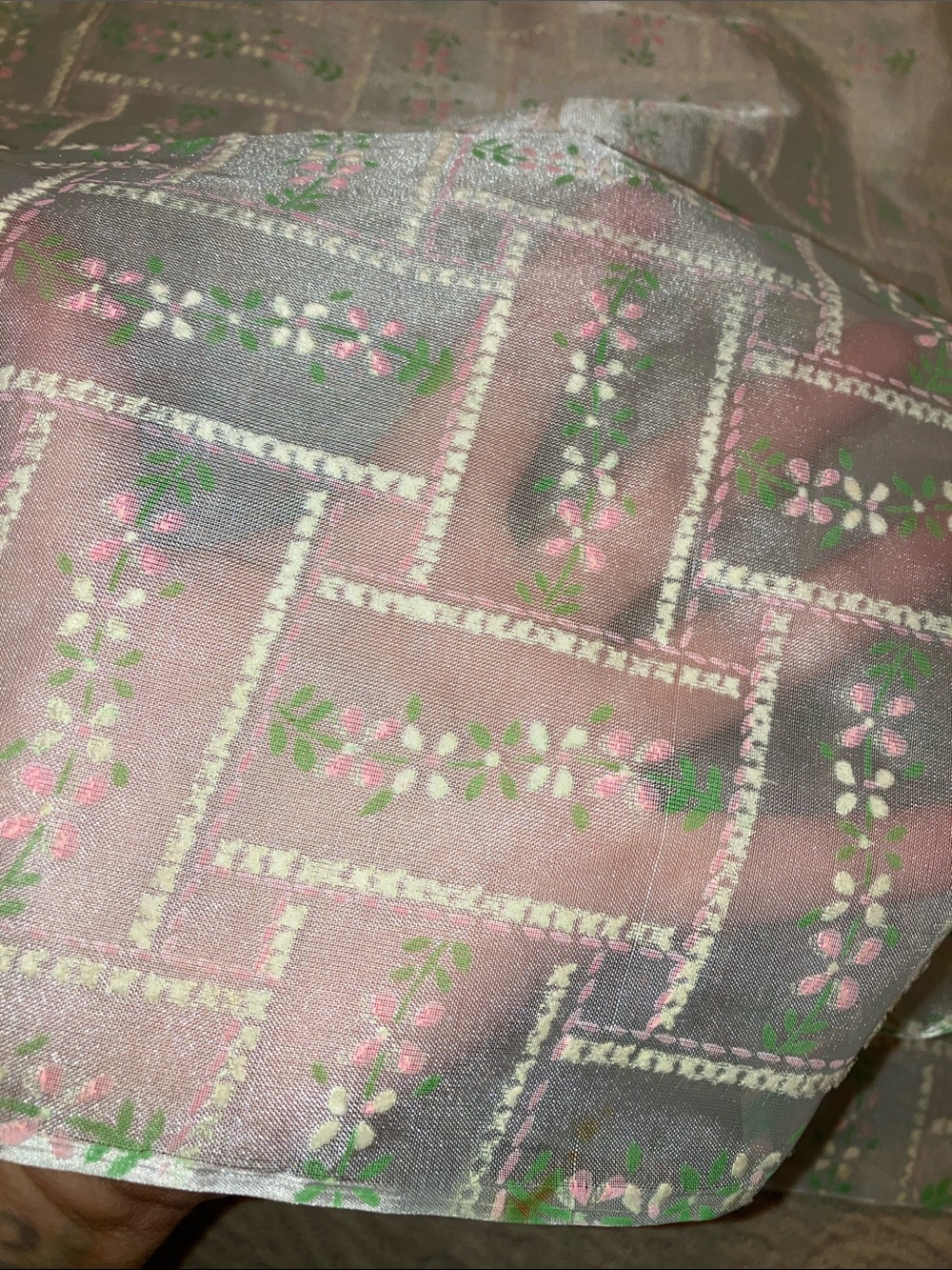 16yrds VINT. Sheer Pink &mint Handpainted Fabric, sold per yard or make me offer
